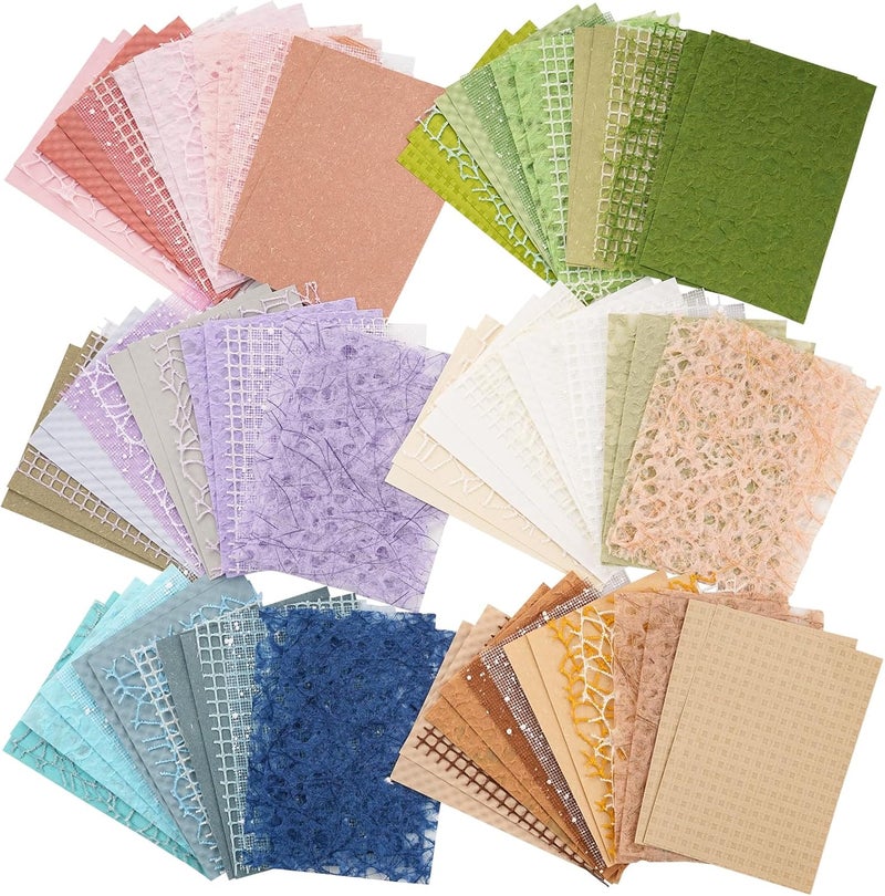 ARTSMONA 96 Sheets Textured Scrapbook Paper and Mesh Fabric Assorted Set - 6 Pack Mixed Special Paper for Scrapbooking Planner Bullet Junk Journal Supplies Mixed Media Collage Card Embellishments 3.9x5.5 Inch - Image 1